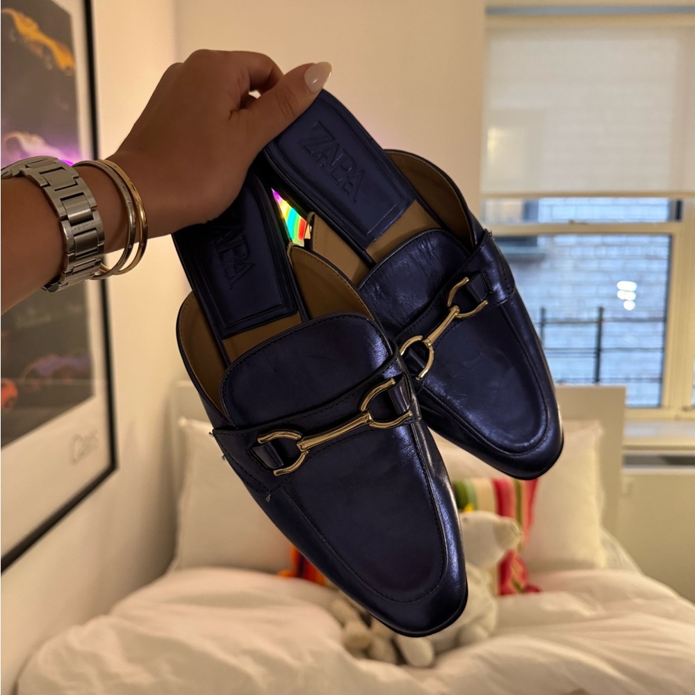 Zara Blue Loafers with Gold Accents